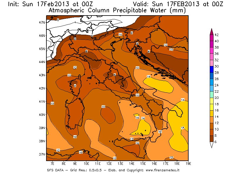 Mappa di analisi GFS - Precipitable Water [mm] in Italia
							del 17/02/2013 00 <!--googleoff: index-->UTC<!--googleon: index-->