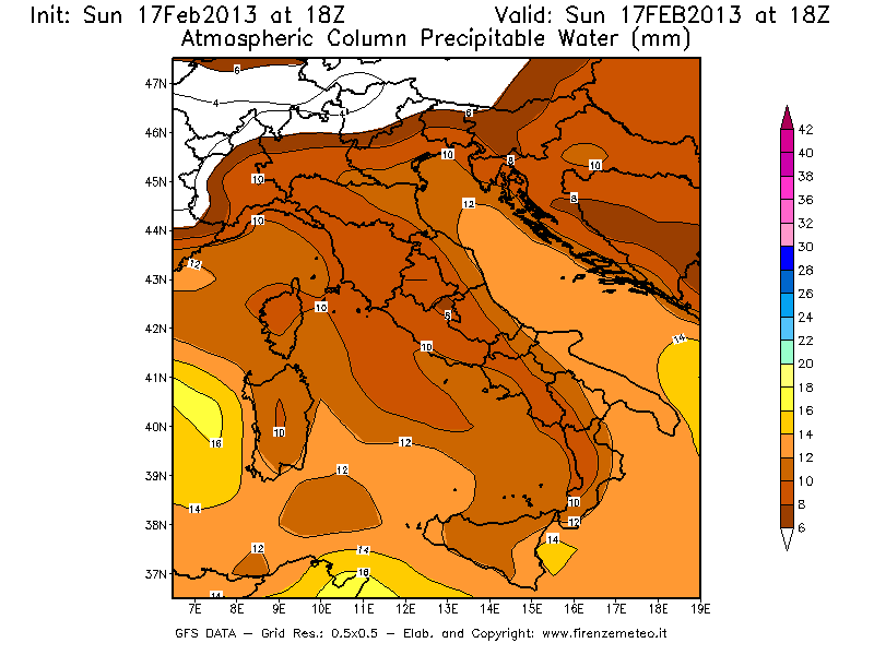 Mappa di analisi GFS - Precipitable Water [mm] in Italia
							del 17/02/2013 18 <!--googleoff: index-->UTC<!--googleon: index-->