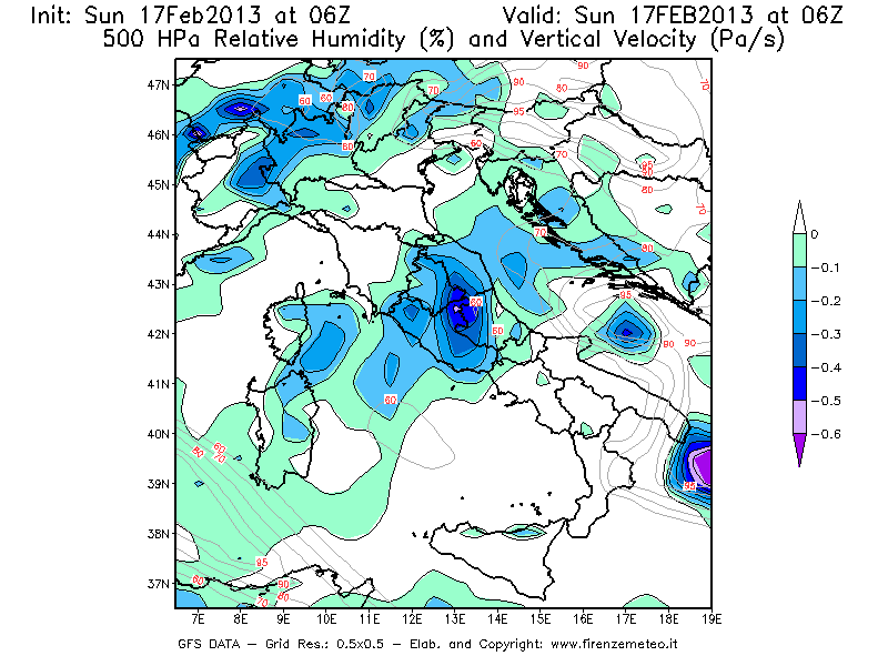 Mappa di analisi GFS - Umidità relativa [%] e Omega [Pa/s] a 500 hPa in Italia
							del 17/02/2013 06 <!--googleoff: index-->UTC<!--googleon: index-->