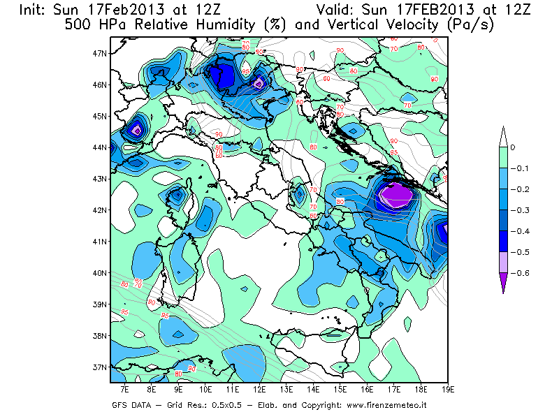 Mappa di analisi GFS - Umidità relativa [%] e Omega [Pa/s] a 500 hPa in Italia
							del 17/02/2013 12 <!--googleoff: index-->UTC<!--googleon: index-->