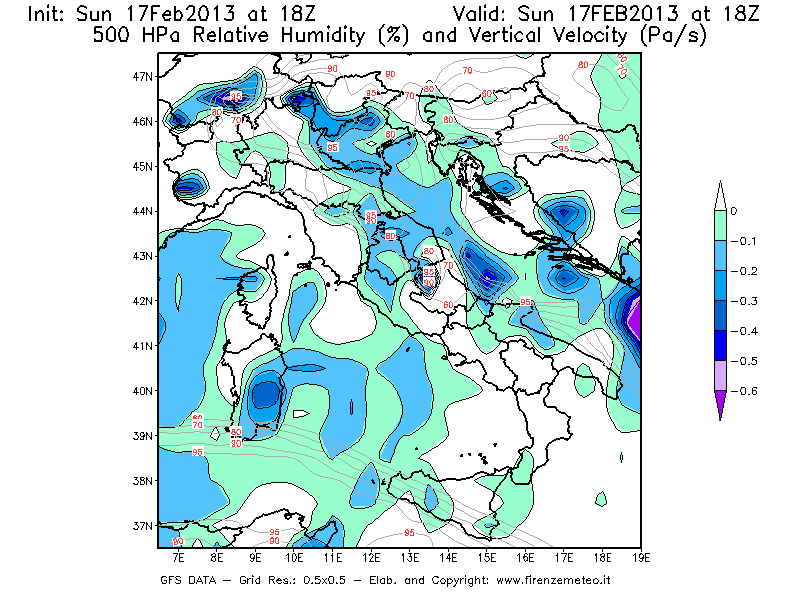Mappa di analisi GFS - Umidità relativa [%] e Omega [Pa/s] a 500 hPa in Italia
							del 17/02/2013 18 <!--googleoff: index-->UTC<!--googleon: index-->