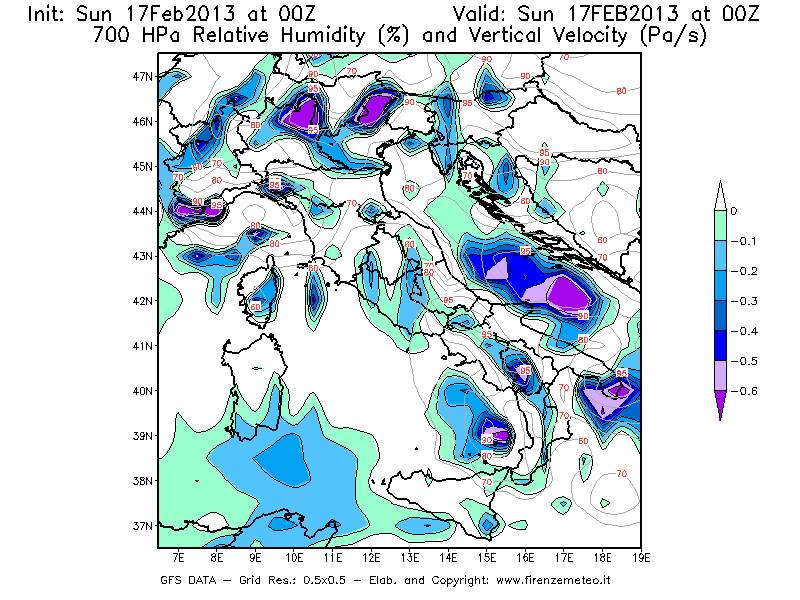 Mappa di analisi GFS - Umidità relativa [%] e Omega [Pa/s] a 700 hPa in Italia
							del 17/02/2013 00 <!--googleoff: index-->UTC<!--googleon: index-->