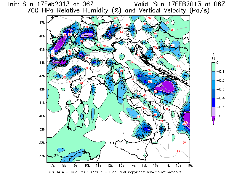 Mappa di analisi GFS - Umidità relativa [%] e Omega [Pa/s] a 700 hPa in Italia
							del 17/02/2013 06 <!--googleoff: index-->UTC<!--googleon: index-->