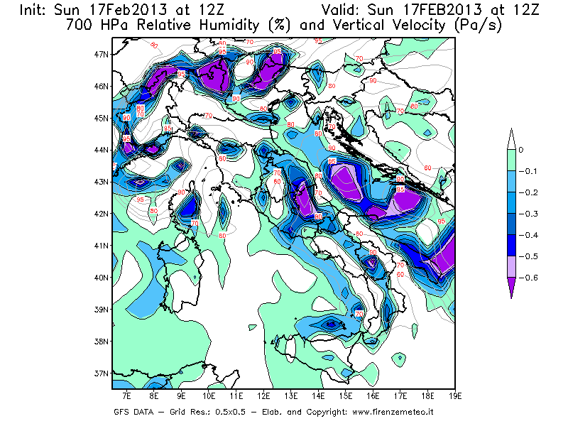Mappa di analisi GFS - Umidità relativa [%] e Omega [Pa/s] a 700 hPa in Italia
							del 17/02/2013 12 <!--googleoff: index-->UTC<!--googleon: index-->