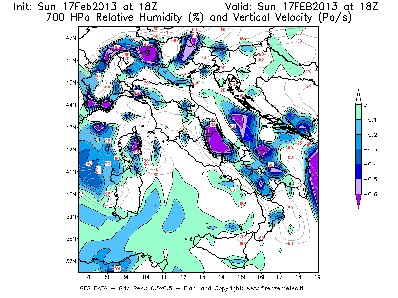 Mappa di analisi GFS - Umidità relativa [%] e Omega [Pa/s] a 700 hPa in Italia
							del 17/02/2013 18 <!--googleoff: index-->UTC<!--googleon: index-->
