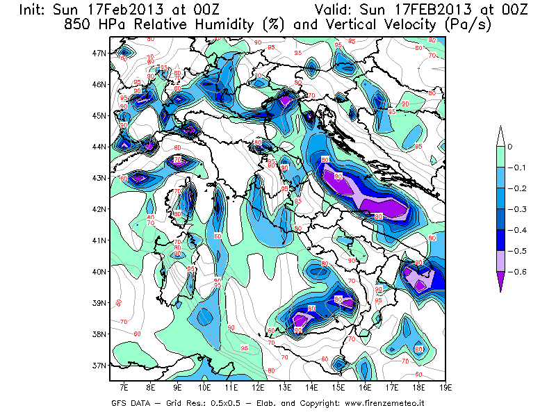 Mappa di analisi GFS - Umidità relativa [%] e Omega [Pa/s] a 850 hPa in Italia
							del 17/02/2013 00 <!--googleoff: index-->UTC<!--googleon: index-->