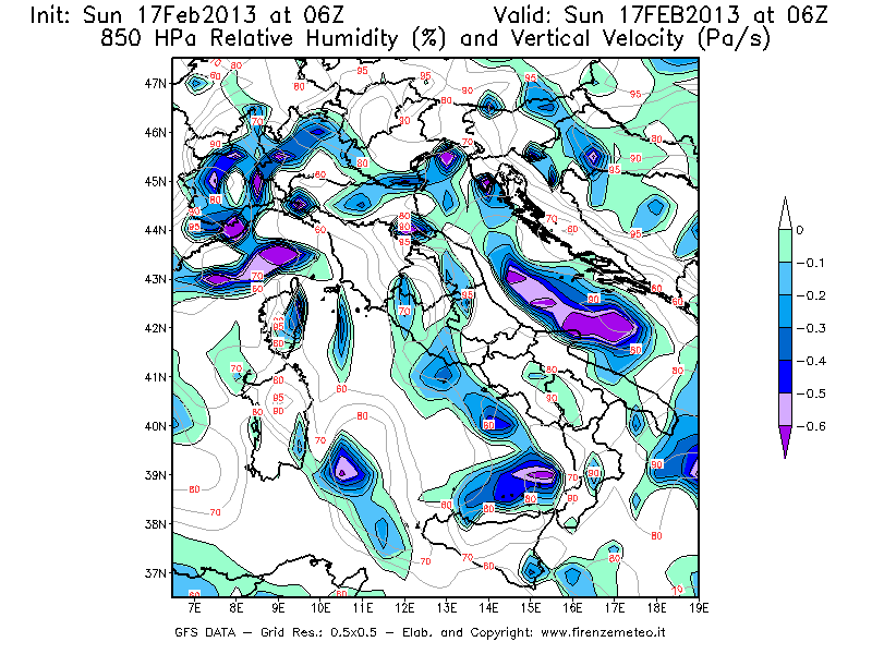 Mappa di analisi GFS - Umidità relativa [%] e Omega [Pa/s] a 850 hPa in Italia
							del 17/02/2013 06 <!--googleoff: index-->UTC<!--googleon: index-->