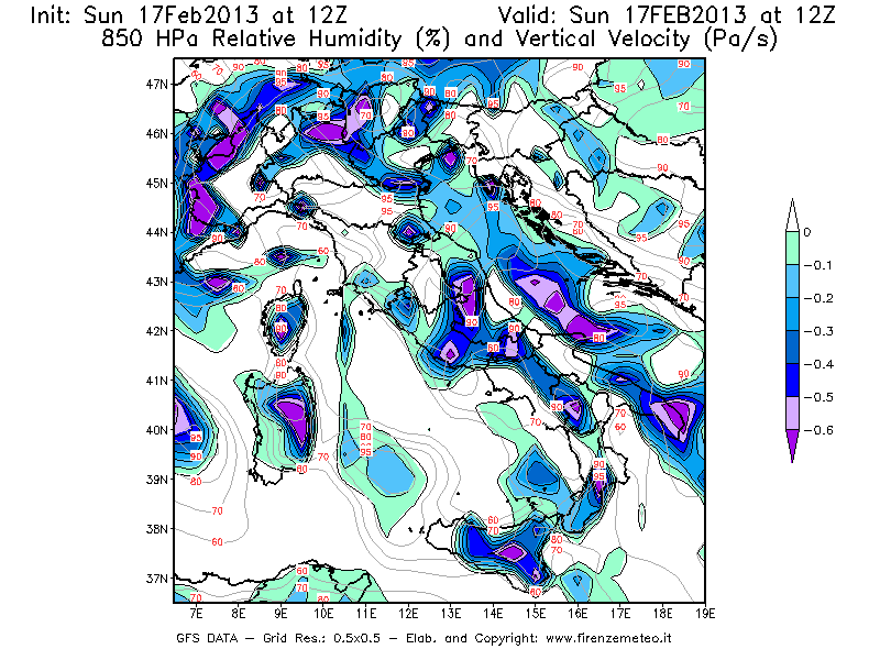 Mappa di analisi GFS - Umidità relativa [%] e Omega [Pa/s] a 850 hPa in Italia
							del 17/02/2013 12 <!--googleoff: index-->UTC<!--googleon: index-->