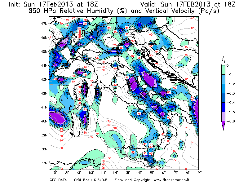 Mappa di analisi GFS - Umidità relativa [%] e Omega [Pa/s] a 850 hPa in Italia
							del 17/02/2013 18 <!--googleoff: index-->UTC<!--googleon: index-->