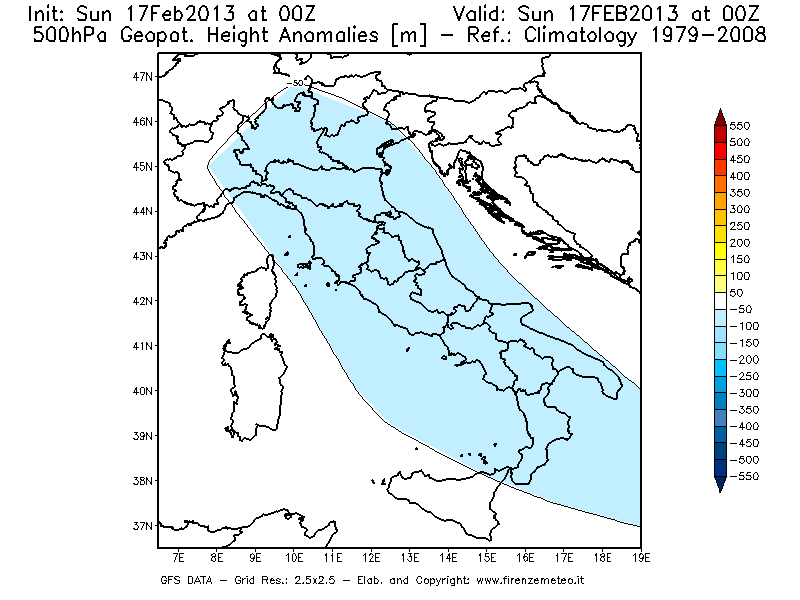 Mappa di analisi GFS - Anomalia di Geopotenziale a 500 hPa in Italia
							del 17/02/2013 00 <!--googleoff: index-->UTC<!--googleon: index-->