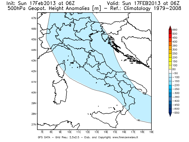 Mappa di analisi GFS - Anomalia di Geopotenziale a 500 hPa in Italia
							del 17/02/2013 06 <!--googleoff: index-->UTC<!--googleon: index-->