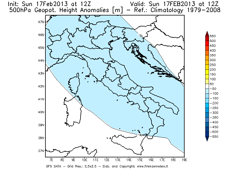 Mappa di analisi GFS - Anomalia di Geopotenziale a 500 hPa in Italia
							del 17/02/2013 12 <!--googleoff: index-->UTC<!--googleon: index-->