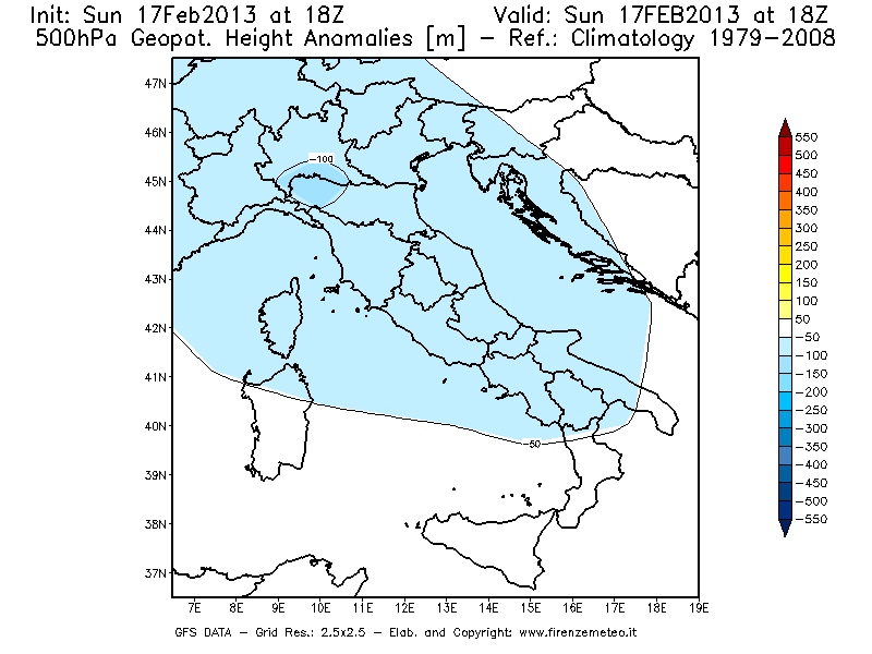 Mappa di analisi GFS - Anomalia di Geopotenziale a 500 hPa in Italia
							del 17/02/2013 18 <!--googleoff: index-->UTC<!--googleon: index-->
