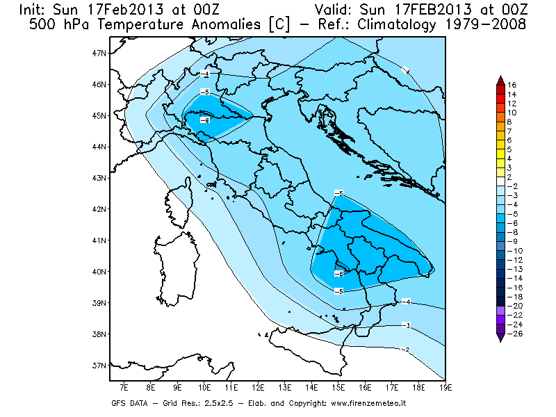 Mappa di analisi GFS - Anomalia Temperatura [°C] a 500 hPa in Italia
							del 17/02/2013 00 <!--googleoff: index-->UTC<!--googleon: index-->