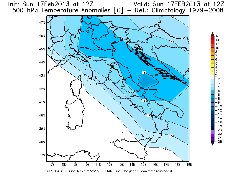 Mappa di analisi GFS - Anomalia Temperatura [°C] a 500 hPa in Italia
							del 17/02/2013 12 <!--googleoff: index-->UTC<!--googleon: index-->