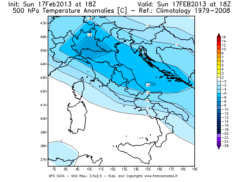 Mappa di analisi GFS - Anomalia Temperatura [°C] a 500 hPa in Italia
							del 17/02/2013 18 <!--googleoff: index-->UTC<!--googleon: index-->