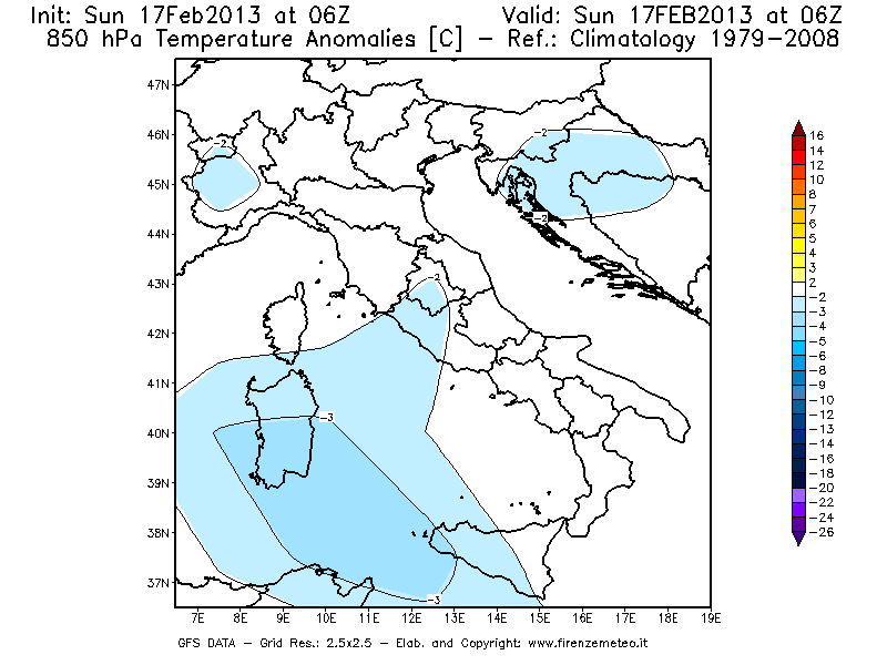 Mappa di analisi GFS - Anomalia Temperatura [°C] a 850 hPa in Italia
							del 17/02/2013 06 <!--googleoff: index-->UTC<!--googleon: index-->