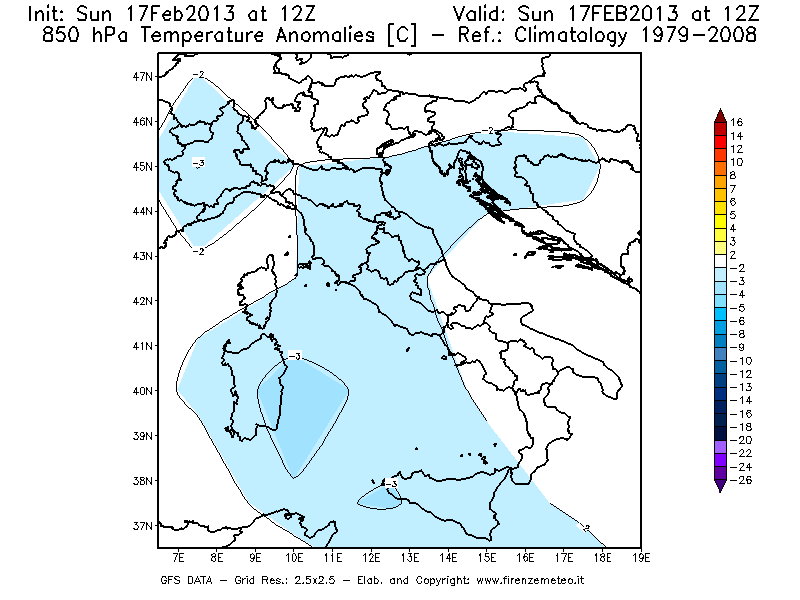 Mappa di analisi GFS - Anomalia Temperatura [°C] a 850 hPa in Italia
							del 17/02/2013 12 <!--googleoff: index-->UTC<!--googleon: index-->