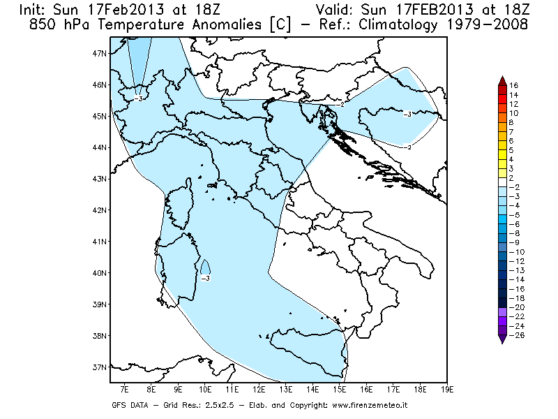 Mappa di analisi GFS - Anomalia Temperatura [°C] a 850 hPa in Italia
							del 17/02/2013 18 <!--googleoff: index-->UTC<!--googleon: index-->