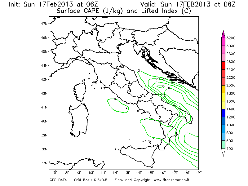 Mappa di analisi GFS - CAPE [J/kg] e Lifted Index [°C] in Italia
							del 17/02/2013 06 <!--googleoff: index-->UTC<!--googleon: index-->