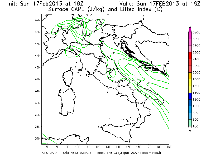 Mappa di analisi GFS - CAPE [J/kg] e Lifted Index [°C] in Italia
							del 17/02/2013 18 <!--googleoff: index-->UTC<!--googleon: index-->