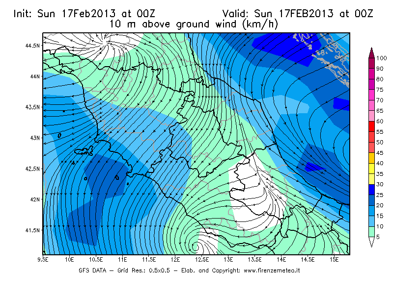 Mappa di analisi GFS - Velocità del vento a 10 metri dal suolo [km/h] in Centro-Italia
							del 17/02/2013 00 <!--googleoff: index-->UTC<!--googleon: index-->