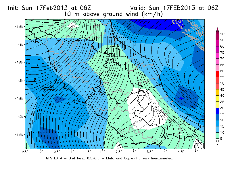 Mappa di analisi GFS - Velocità del vento a 10 metri dal suolo [km/h] in Centro-Italia
							del 17/02/2013 06 <!--googleoff: index-->UTC<!--googleon: index-->