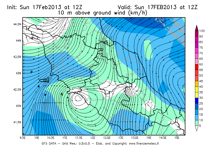 Mappa di analisi GFS - Velocità del vento a 10 metri dal suolo [km/h] in Centro-Italia
							del 17/02/2013 12 <!--googleoff: index-->UTC<!--googleon: index-->