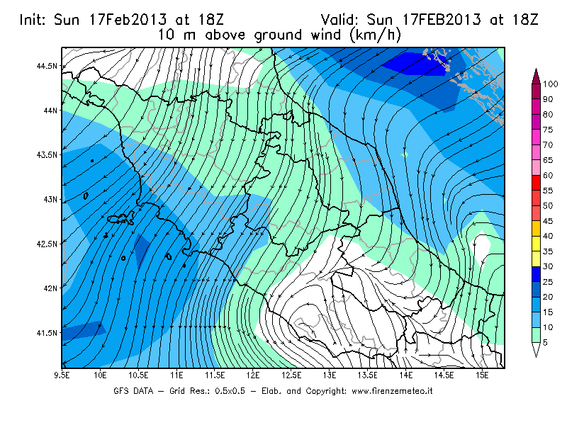 Mappa di analisi GFS - Velocità del vento a 10 metri dal suolo [km/h] in Centro-Italia
							del 17/02/2013 18 <!--googleoff: index-->UTC<!--googleon: index-->