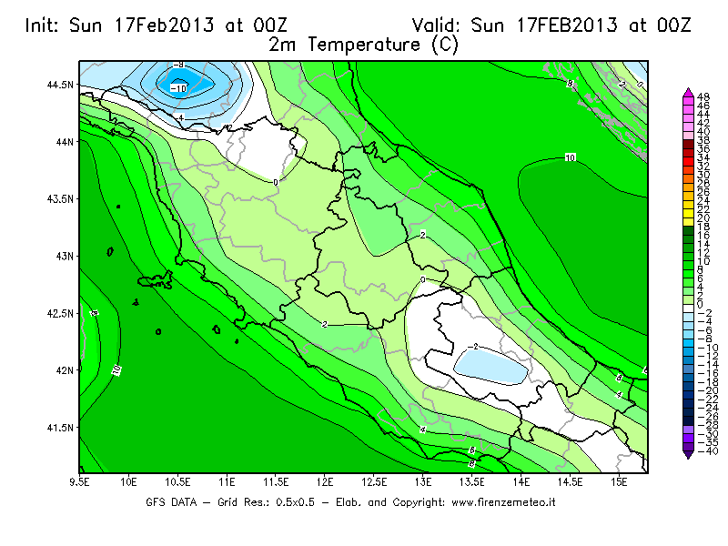 Mappa di analisi GFS - Temperatura a 2 metri dal suolo [°C] in Centro-Italia
							del 17/02/2013 00 <!--googleoff: index-->UTC<!--googleon: index-->