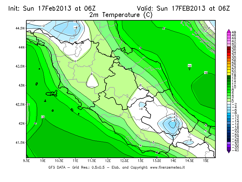 Mappa di analisi GFS - Temperatura a 2 metri dal suolo [°C] in Centro-Italia
							del 17/02/2013 06 <!--googleoff: index-->UTC<!--googleon: index-->