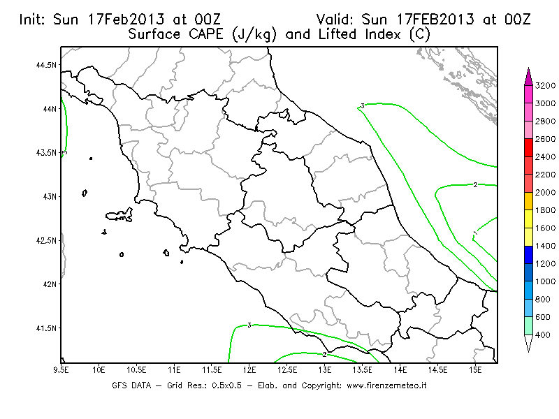 Mappa di analisi GFS - CAPE [J/kg] e Lifted Index [°C] in Centro-Italia
							del 17/02/2013 00 <!--googleoff: index-->UTC<!--googleon: index-->