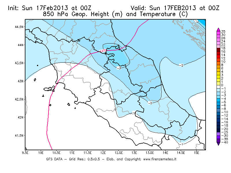 Mappa di analisi GFS - Geopotenziale [m] e Temperatura [°C] a 850 hPa in Centro-Italia
							del 17/02/2013 00 <!--googleoff: index-->UTC<!--googleon: index-->