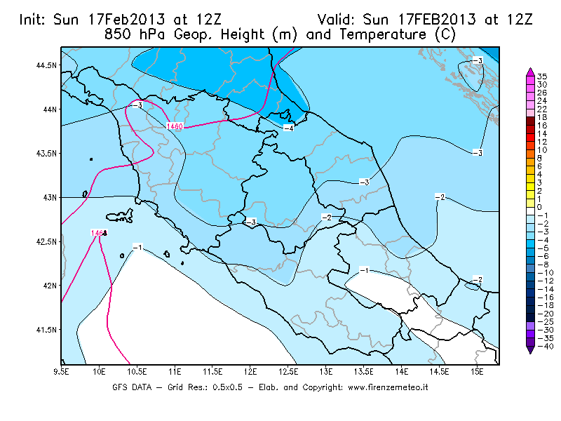 Mappa di analisi GFS - Geopotenziale [m] e Temperatura [°C] a 850 hPa in Centro-Italia
							del 17/02/2013 12 <!--googleoff: index-->UTC<!--googleon: index-->
