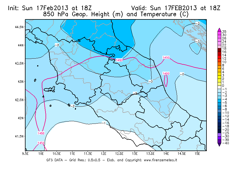 Mappa di analisi GFS - Geopotenziale [m] e Temperatura [°C] a 850 hPa in Centro-Italia
							del 17/02/2013 18 <!--googleoff: index-->UTC<!--googleon: index-->