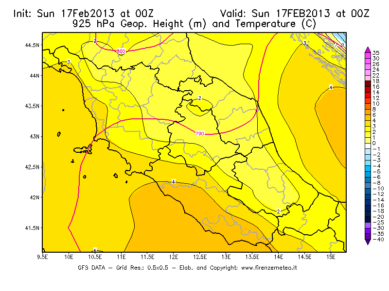 Mappa di analisi GFS - Geopotenziale [m] e Temperatura [°C] a 925 hPa in Centro-Italia
							del 17/02/2013 00 <!--googleoff: index-->UTC<!--googleon: index-->