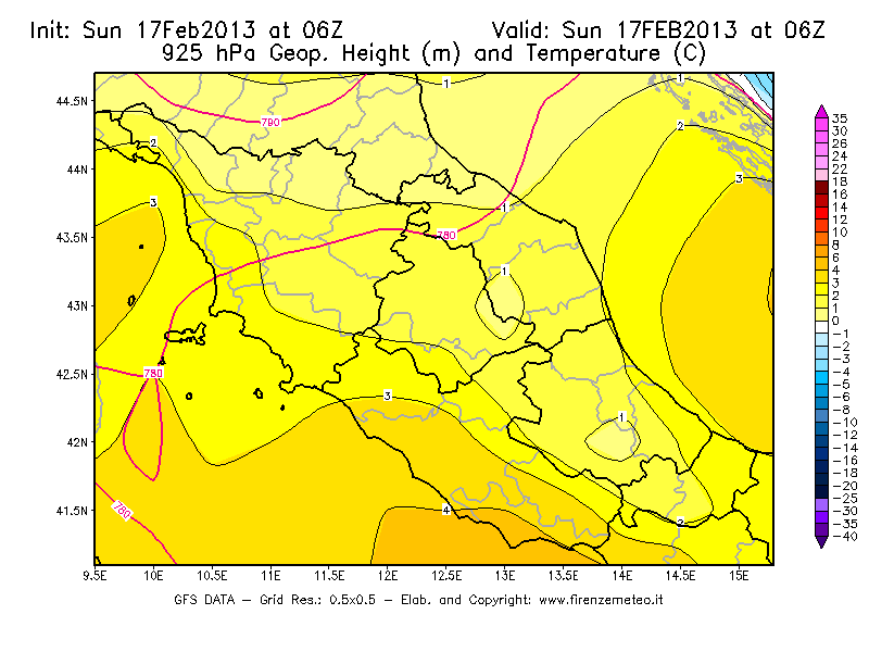 Mappa di analisi GFS - Geopotenziale [m] e Temperatura [°C] a 925 hPa in Centro-Italia
							del 17/02/2013 06 <!--googleoff: index-->UTC<!--googleon: index-->