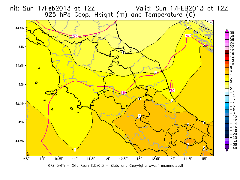 Mappa di analisi GFS - Geopotenziale [m] e Temperatura [°C] a 925 hPa in Centro-Italia
							del 17/02/2013 12 <!--googleoff: index-->UTC<!--googleon: index-->