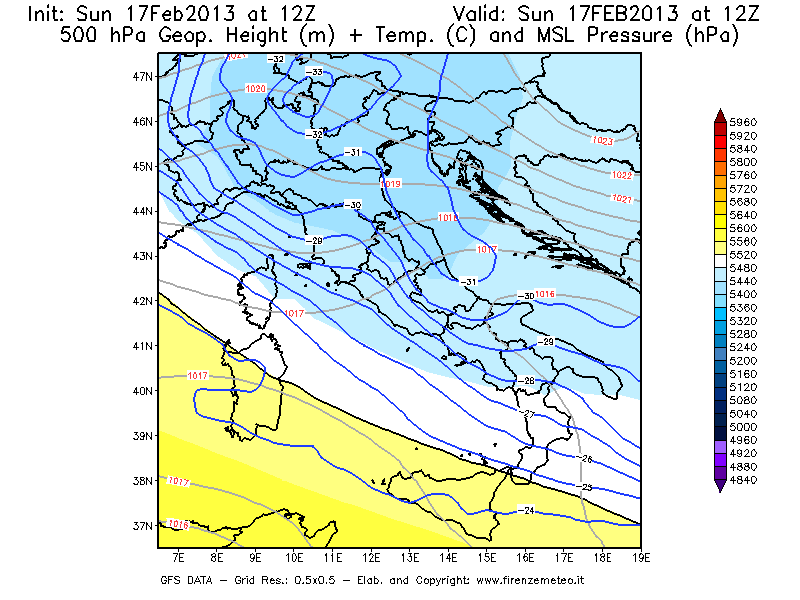 Mappa di analisi GFS - Geopotenziale [m] + Temp. [°C] a 500 hPa + Press. a livello del mare [hPa] in Italia
							del 17/02/2013 12 <!--googleoff: index-->UTC<!--googleon: index-->