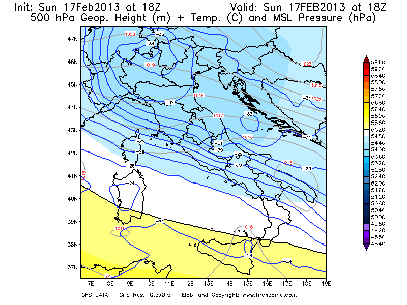 Mappa di analisi GFS - Geopotenziale [m] + Temp. [°C] a 500 hPa + Press. a livello del mare [hPa] in Italia
							del 17/02/2013 18 <!--googleoff: index-->UTC<!--googleon: index-->