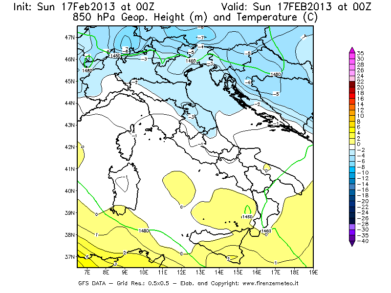 Mappa di analisi GFS - Geopotenziale [m] e Temperatura [°C] a 850 hPa in Italia
							del 17/02/2013 00 <!--googleoff: index-->UTC<!--googleon: index-->
