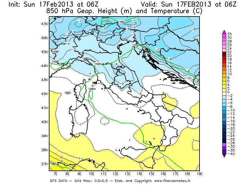 Mappa di analisi GFS - Geopotenziale [m] e Temperatura [°C] a 850 hPa in Italia
							del 17/02/2013 06 <!--googleoff: index-->UTC<!--googleon: index-->