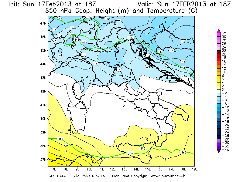Mappa di analisi GFS - Geopotenziale [m] e Temperatura [°C] a 850 hPa in Italia
							del 17/02/2013 18 <!--googleoff: index-->UTC<!--googleon: index-->