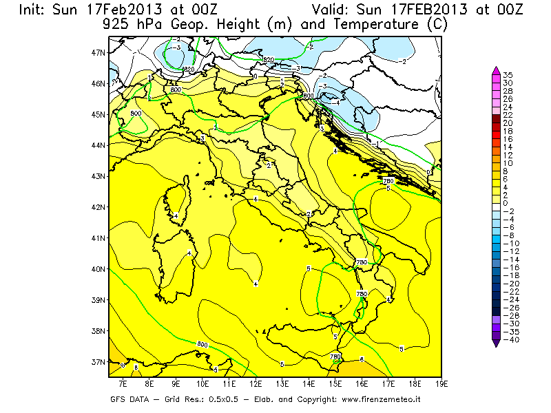 Mappa di analisi GFS - Geopotenziale [m] e Temperatura [°C] a 925 hPa in Italia
							del 17/02/2013 00 <!--googleoff: index-->UTC<!--googleon: index-->