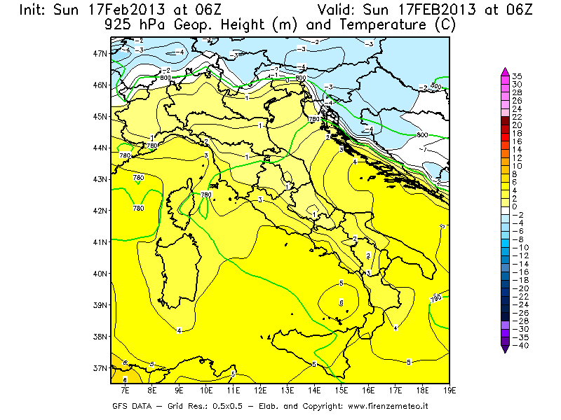 Mappa di analisi GFS - Geopotenziale [m] e Temperatura [°C] a 925 hPa in Italia
							del 17/02/2013 06 <!--googleoff: index-->UTC<!--googleon: index-->