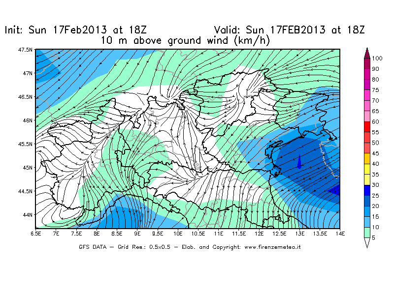 Mappa di analisi GFS - Velocità del vento a 10 metri dal suolo [km/h] in Nord-Italia
							del 17/02/2013 18 <!--googleoff: index-->UTC<!--googleon: index-->