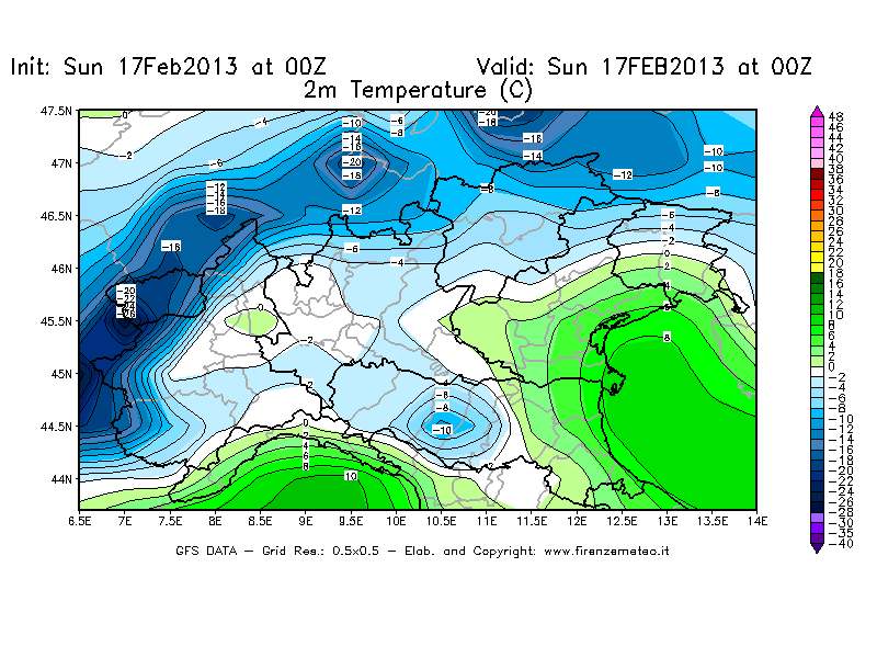 Mappa di analisi GFS - Temperatura a 2 metri dal suolo [°C] in Nord-Italia
							del 17/02/2013 00 <!--googleoff: index-->UTC<!--googleon: index-->