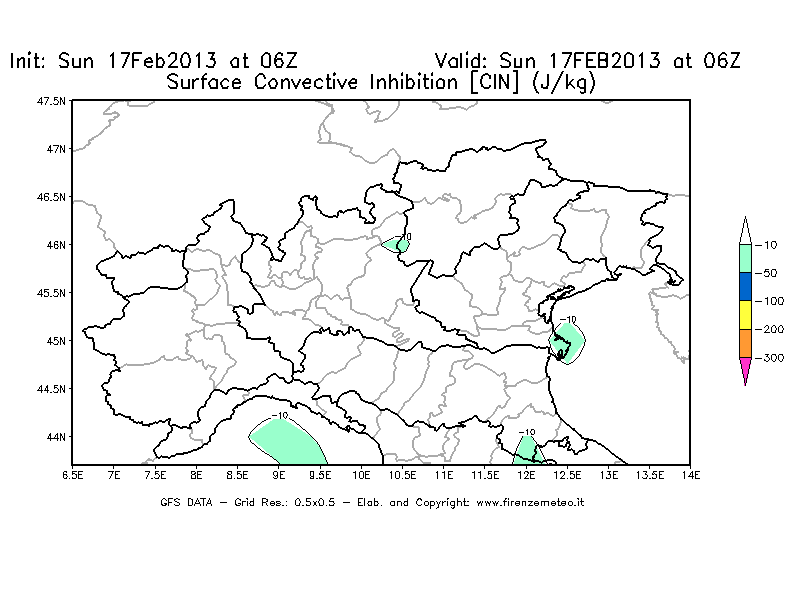 Mappa di analisi GFS - CIN [J/kg] in Nord-Italia
							del 17/02/2013 06 <!--googleoff: index-->UTC<!--googleon: index-->