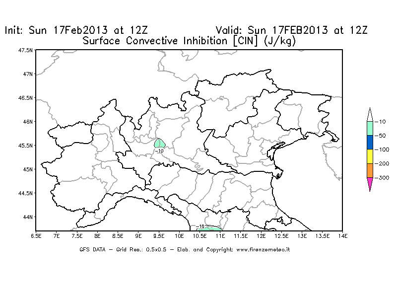 Mappa di analisi GFS - CIN [J/kg] in Nord-Italia
							del 17/02/2013 12 <!--googleoff: index-->UTC<!--googleon: index-->