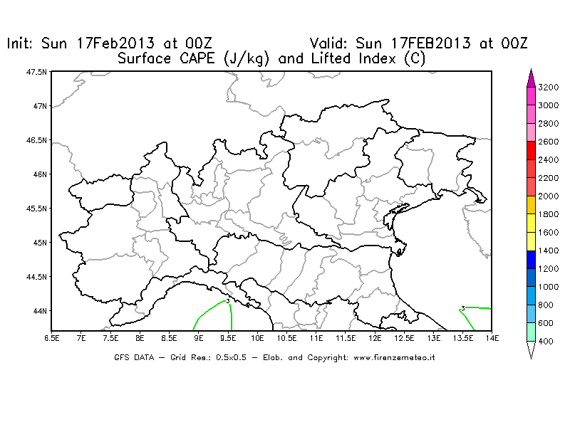 Mappa di analisi GFS - CAPE [J/kg] e Lifted Index [°C] in Nord-Italia
							del 17/02/2013 00 <!--googleoff: index-->UTC<!--googleon: index-->